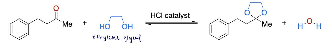 <p>glycol diol, H+ catalyst</p>
