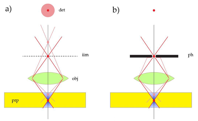 <p><span>The optical knife. a) a compound microscope generates an intermediate image (iim) by an objective lens (obj), containing both focal (red) and extrafocal (pink) signal emanated by the sample (prp). When imaging a single spot, the detector (det) will record both a spot-shaped feature from the focal plane and extended blurry discs from other regions. b) by introducing a pinhole aperture (ph) in the intermediate image plane, nearly all extrafocal signal is cut off and solely the emission from the focal plane can reach the detector. The spatial filter generates an optical section.</span></p><p></p>