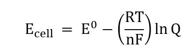 <p>E= Electric potential (volts)</p><p>R= 8.314 j/mol/K</p><p>Q= reaction quotient, defined as the ratio of product concentrations to reactant concentrations at any point in a reaction, each raised to the power of their coefficients in the balanced chemical equation.</p><p>T= Temperature in Kelvin</p><p>F= faradays constant </p><p>E°= standard reduction potential (ActA=ActB=1)</p><p>n= number of electrons in the half-reaction</p>