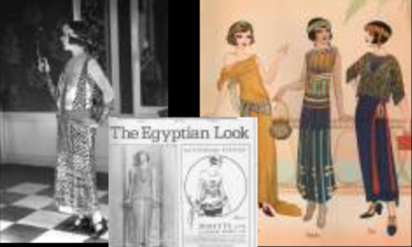 <p>roaring 20s</p><p>- tubular silhouttes</p><p>- shorter hemlines (knees almost visible)</p><p>- Egyptomania --> Egyptian craze inspired by the discovery of king tuts tomb</p><p>- Art deco and surrealism</p>