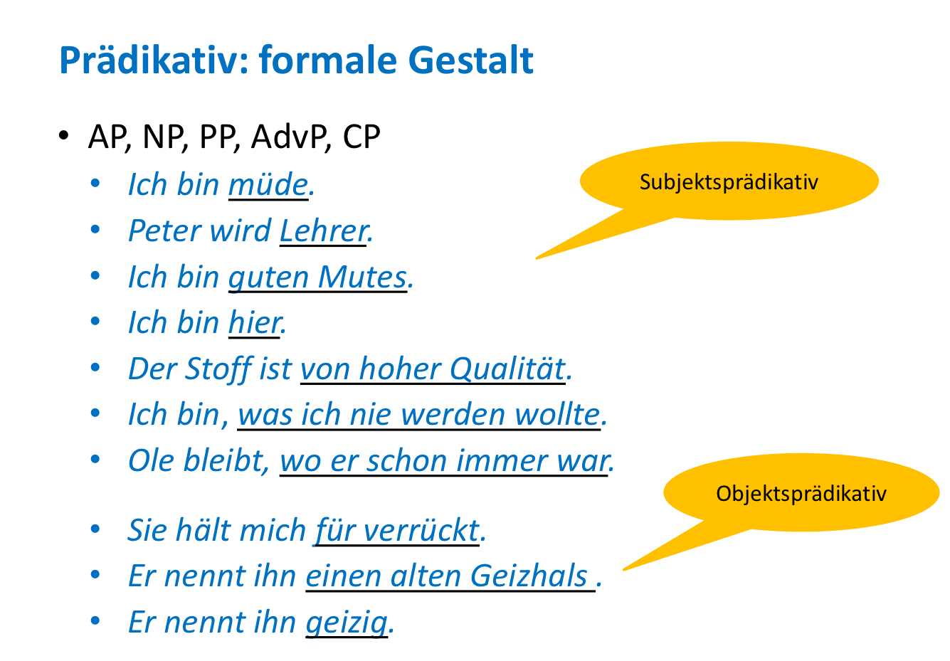 <p>NICHT GLEICH PRÄDIKAT!</p><ul><li><p>mit Kopulaverben (kurz: Kopula) - sein, werden, bleiben (im weiteren Sinn: heißen, halten für)</p></li><li><p>Unterscheidung Subjekt u Prädikativ: Prädikative (i.d.R.!) nachgestellt, Probe mit als-Konjunktionalphrase (→ ?Der Lehrer fungiert als Neffe des Hausmeisters. vs. Der Neffe des Hausmeisters fungiert als Lehrer.)</p></li></ul><p></p>
