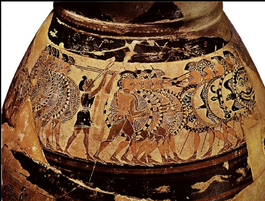 <p>A heavily armed foot soldier of ancient Greece, known for their distinctive round shield and long spear. Hoplites typically fought in a phalanx formation, emphasizing discipline and teamwork in battle. Example: Chigi Vase</p>