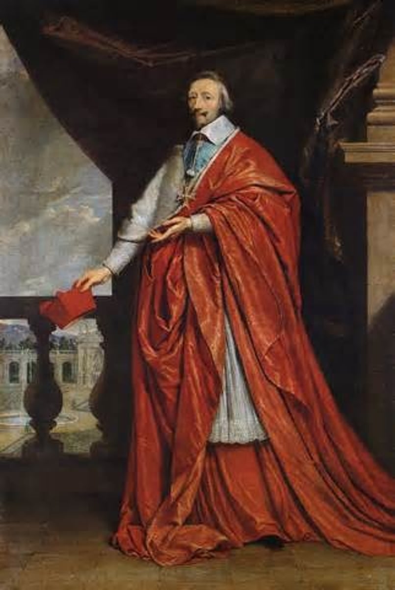 <p>(1585-1642) Minister to Louis XIII. His three point plan (1. Break the power of the nobility, 2. Humble the House of Austria, 3. Control the Protestants) helped to send France on the road to absolute monarchy.</p>