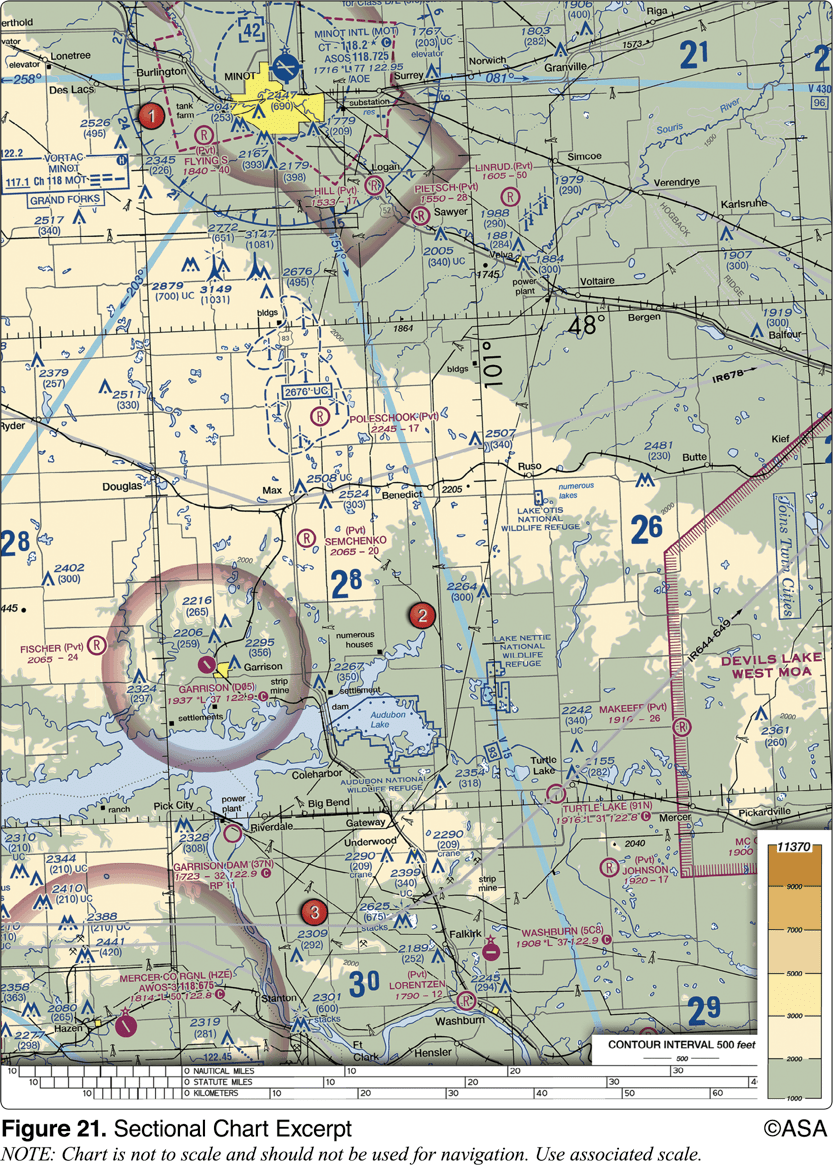 <p><span>The terrain elevation of the light tan area between Minot (area 1) and Audubon Lake (area 2) varies from</span></p>