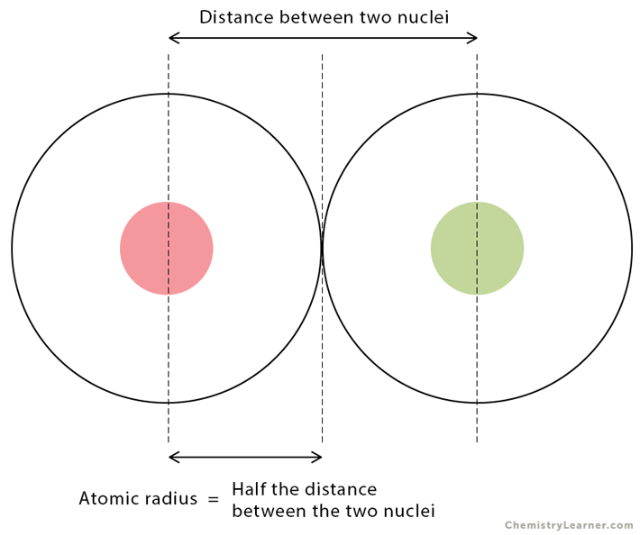 <p>Think of an atom as a cloud of electrons surrounding a dense core of protons and neutrons. </p><p>The ________ ________ of an element is thus equal to ½ of the distance between the centers of two atoms of an element that are briefly in contact with each other.</p>
