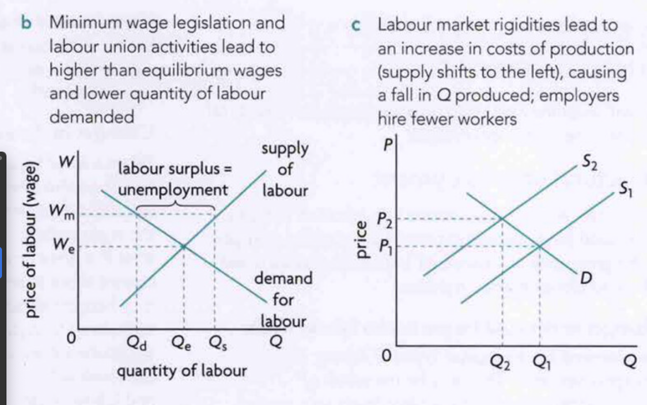 <p>in 10.c…</p><ul><li><p>labour market rigidities lead to higher costs of production causing supply curve to shift left</p></li><li><p>smaller q produced, hence firms hire less labour </p></li></ul>