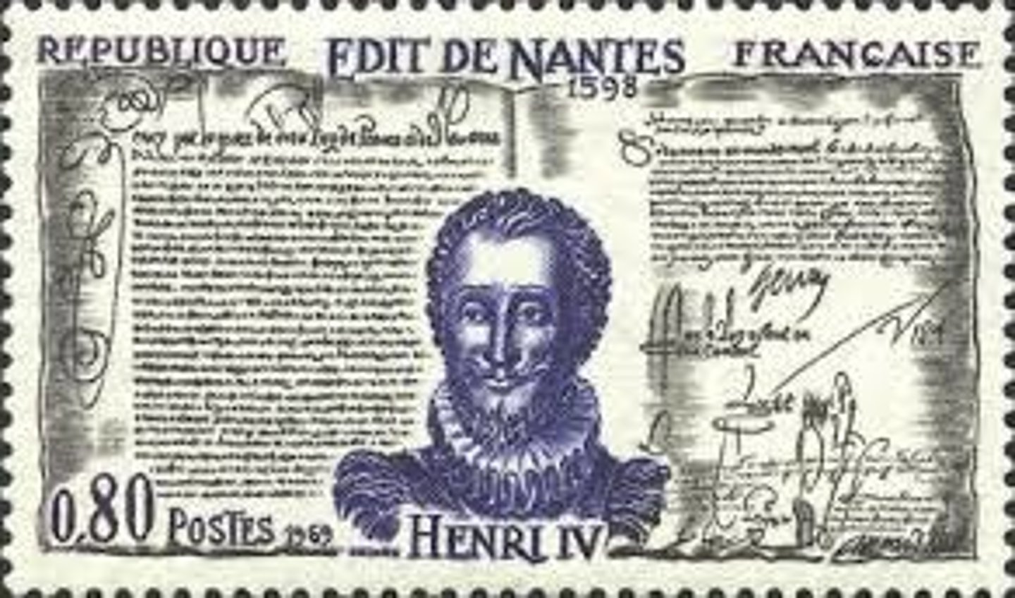 <p>- France (1598)<br>- Issued By Henry IV<br>- Ended The French Religious Wars<br>- Recognized Catholicism As Official Religion of France<br>- Gave Protection &amp; Some Freedom of Worship to French Huguenots (French Calvinists) <br>- Huguenots could worship freely in their own walled cities. Issued in hopes of ending religious conflict in France.</p>