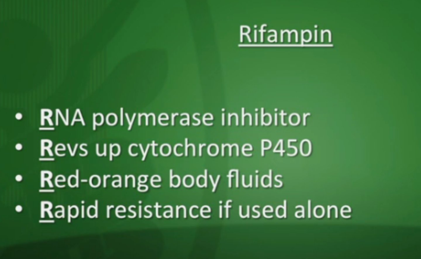 <p>- MOA: binds to bacterial RNA polymerase, inhibiting transcription</p><p>- advantages: rapidly bactericidal for TB, relatively nontoxic, easily administered</p><p>- PK: oral bioavailability >90%, good penetration into cells/tissues, poor CNS penetration</p><p>- counseling: discoloration of urine, tears, and other bodily fluids</p><p>- toxicity: GI disturbances, hepatitis, skin rash, thrombocytopenia, cholestatic jaundice</p><p>- DDI: potent inducer of CYP450s, steroids, methadone, warfarin, -azoles, estrogens</p><p>- alternatives: rifapentine, rifabutin</p>