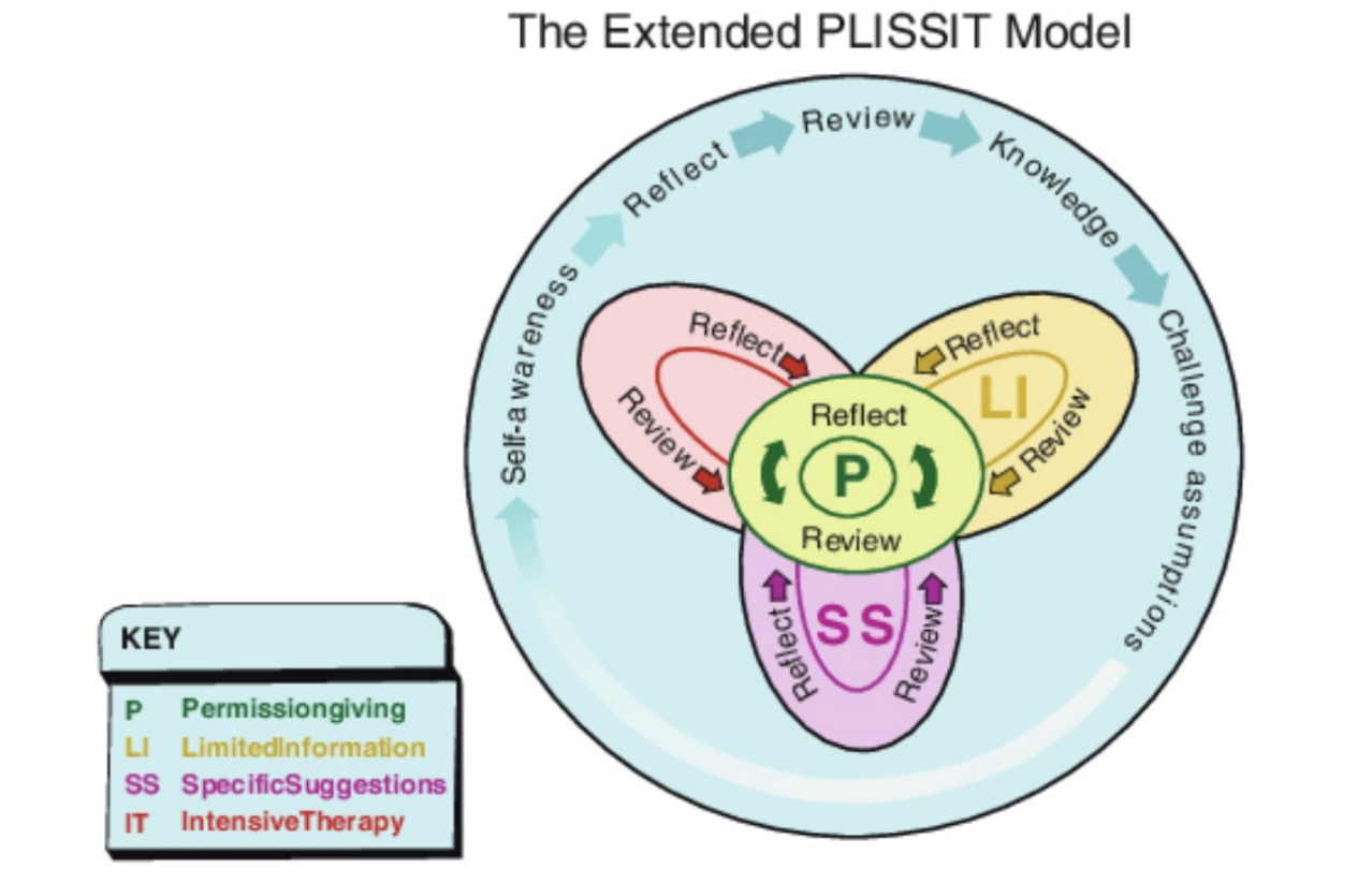 <p>updated more where it’s less linear and more circular </p><ul><li><p>P: permission giving </p></li><li><p>LI: limited information </p></li><li><p>SS: specific suggestions </p></li><li><p>IT: intensive therapy</p></li></ul><p></p>