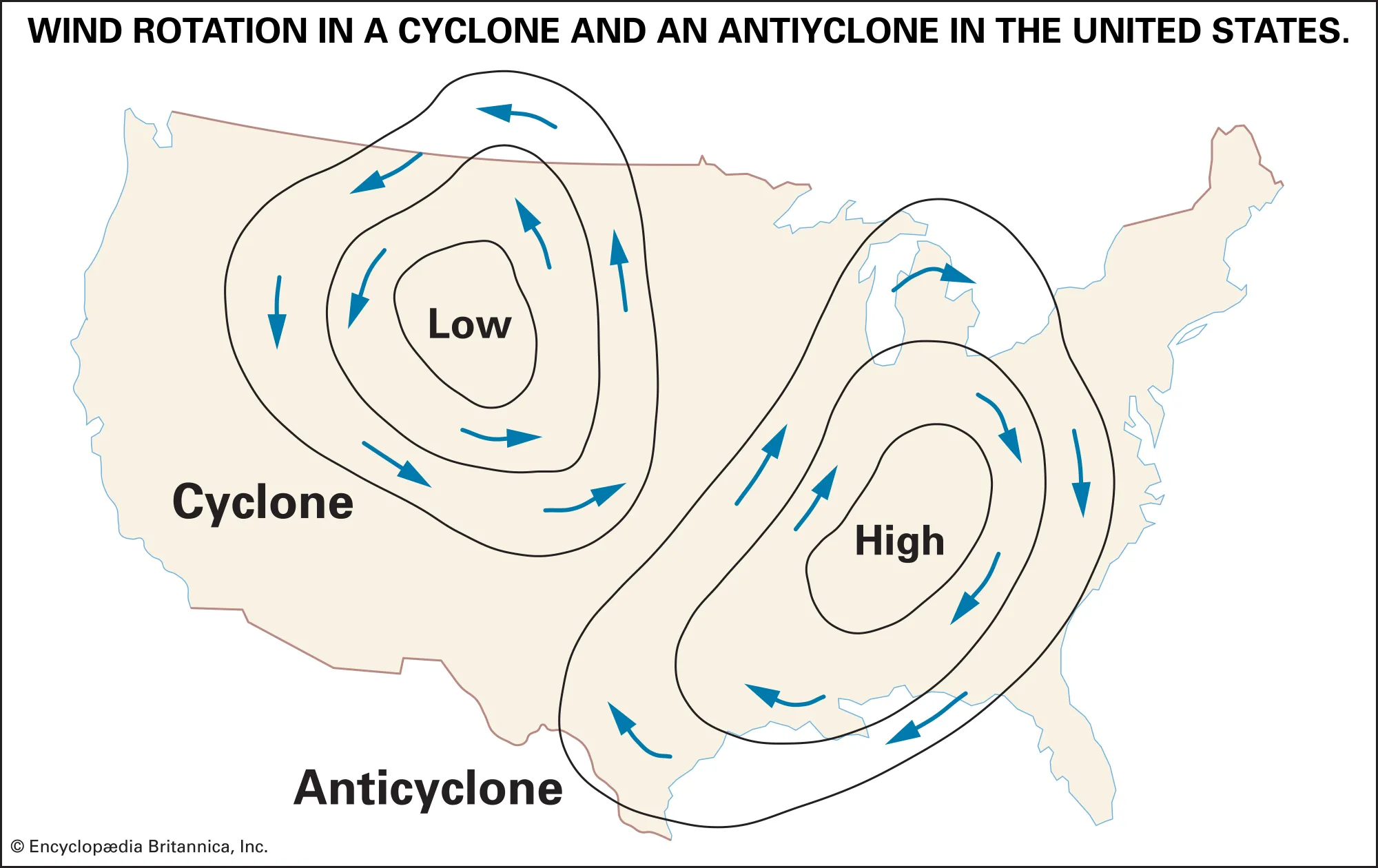 <p>A high-pressure center where air sinks, causing outward (divergence) and clockwise winds in the Northern Hemisphere.</p>