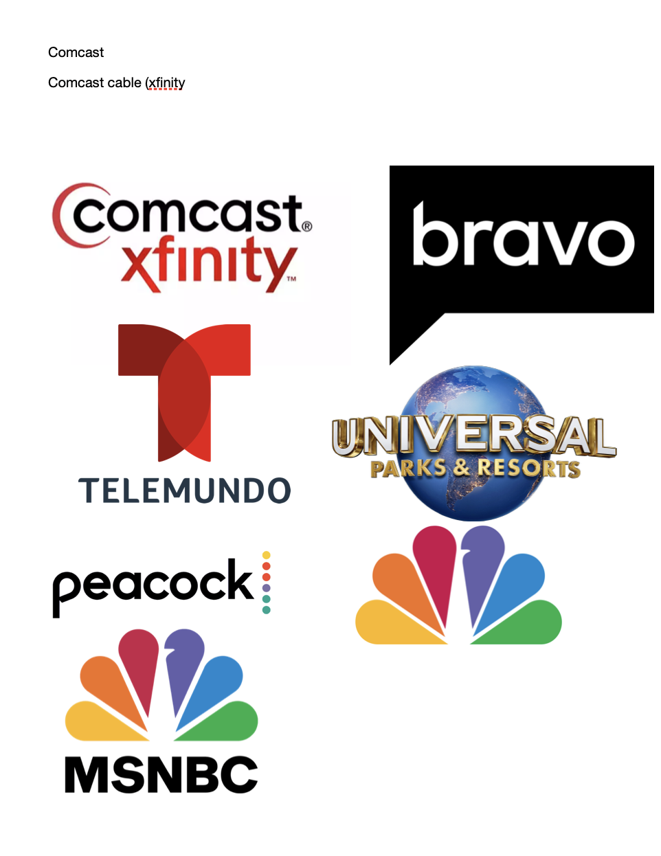 <p>Comcast Cable (Xfinity), NBC, Telemundo, MSNBC, Bravo, Universal Parks &amp; Resorts,</p><p></p><p>Peacock</p>