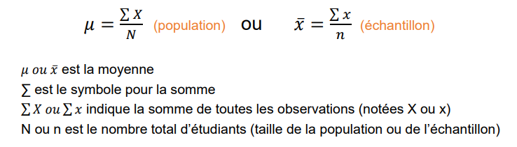 <p>Somme des observations ÷ nombre d'observations.→ mesure de tendance centrale la plus connue</p>