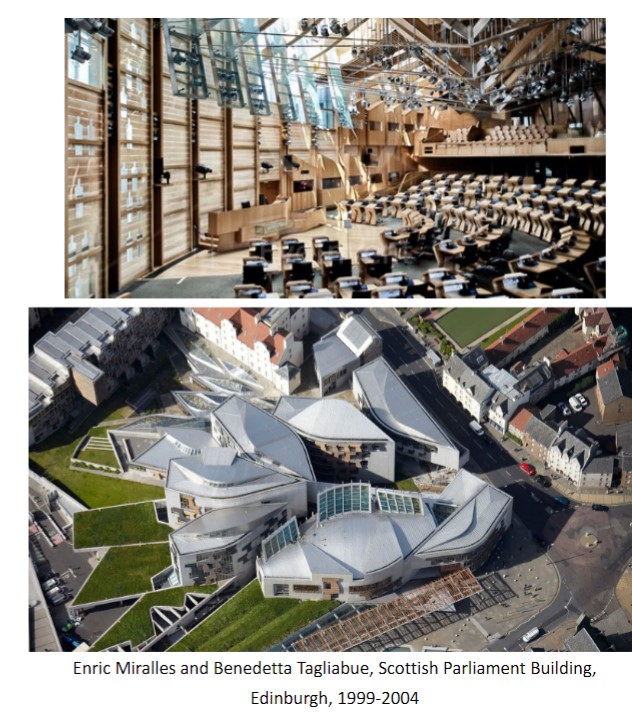 scottish parliament building
Incorporates elements of Scottish heritage: landscape, forms of 
upturn boats in a nearby shoreline, floral paintings by Charles 
Rennie Mackintosh (revered Scottish architect and painter)