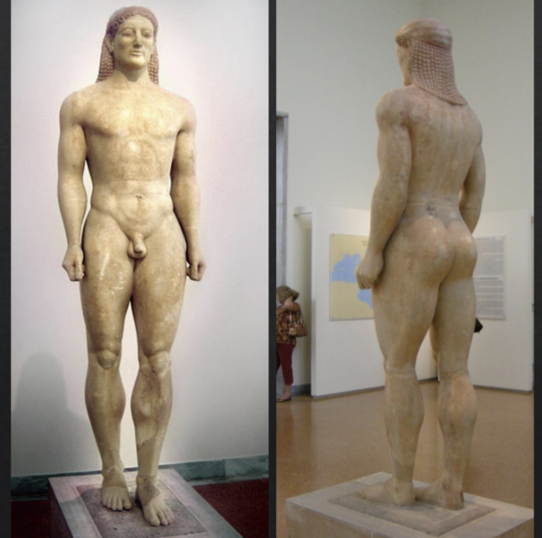 <ul><li><p>Archaic Greek</p></li><li><p>Athens</p></li><li><p>Nude youth</p></li><li><p>idolized masculinity</p></li><li><p>Archaic smile&nbsp;</p></li></ul><p></p>