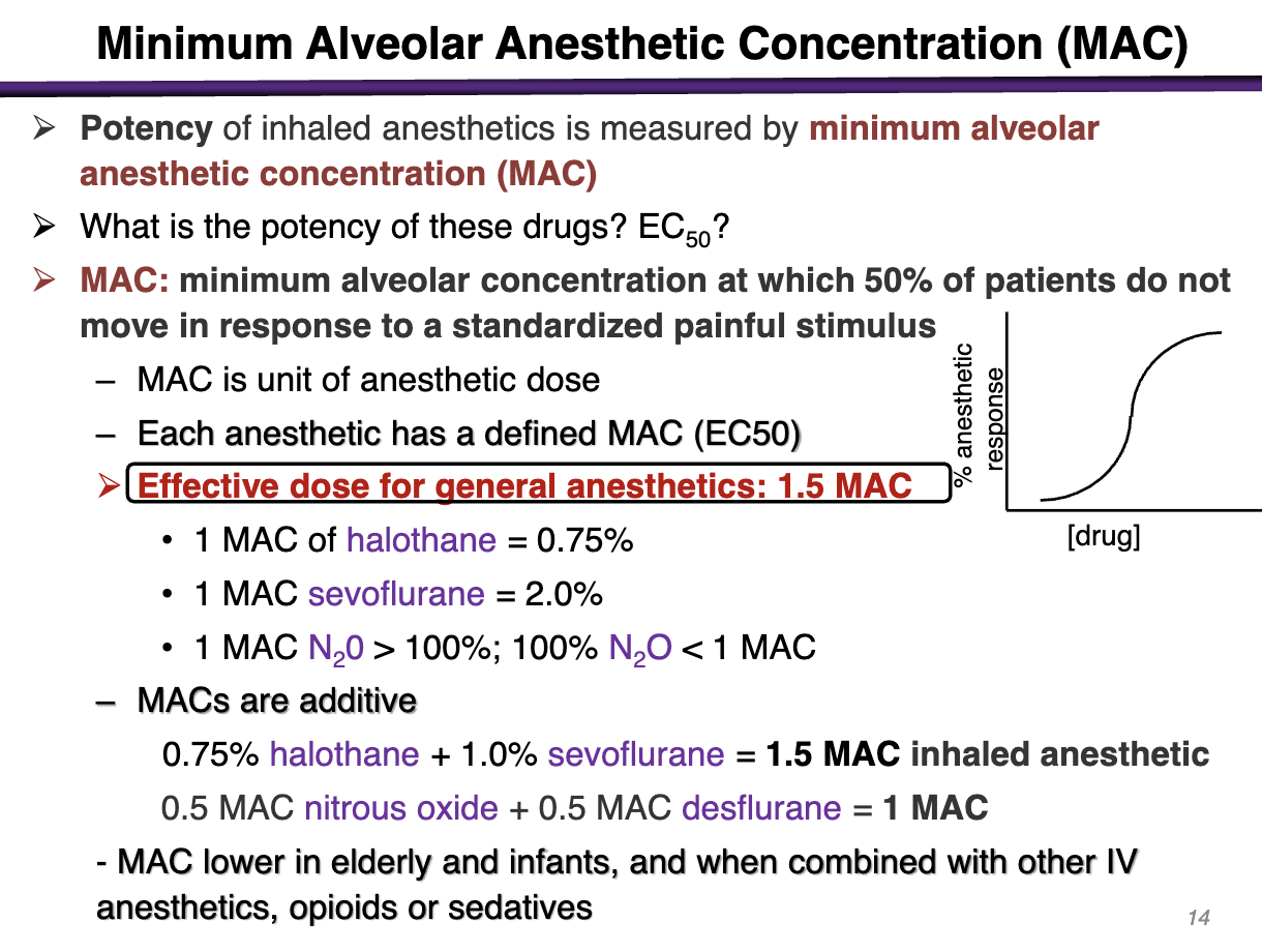 <p>Minimum alveolar anesthetic concentration (MAC) at which 50% of patients do not move in response to a standardized painful stimulus unit of anesthetic dose</p><p></p><p>50% of pts will not feel the pain </p>