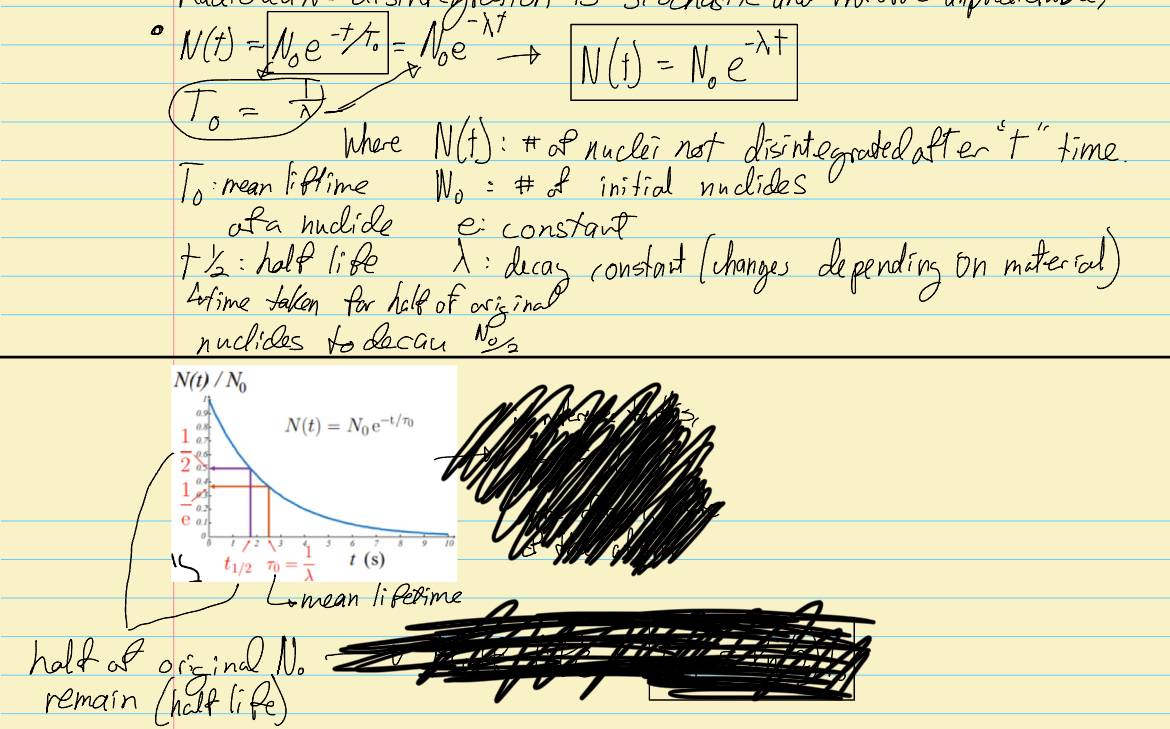 <p>Radioacive disintegration is stochasticc and threfore unpredictable, however there is an equation to estimate the process. It is the equation seen in the image</p>