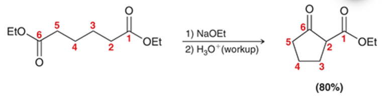 <p>intramolecular Claisen condensation</p><p>product is a cyclic beta-keto ester</p><p>one carbonyl is the ester enolate (nucleophile), the other carbonyl is the electrophile</p><p>preference is for formation of five- and six-membered rings, just like intramolecular aldol reactions</p>