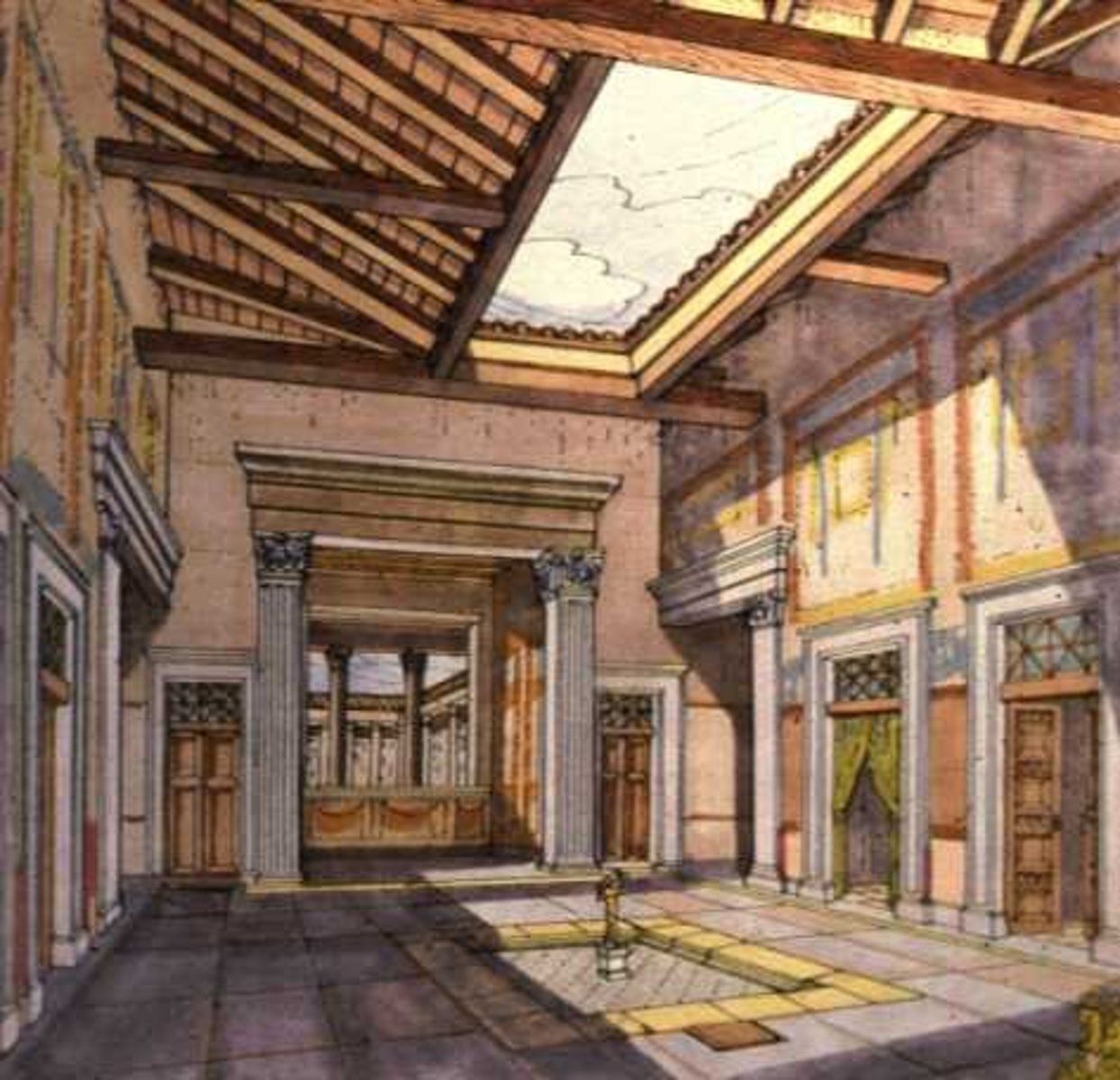 <p>Dans une maison romaine, pièce principale de forme carrée, entourée de portiques, couverte d'un toit possédant une ouverture en son centre pour laisser pénétrer l'eau de pluie et la lumière.</p>