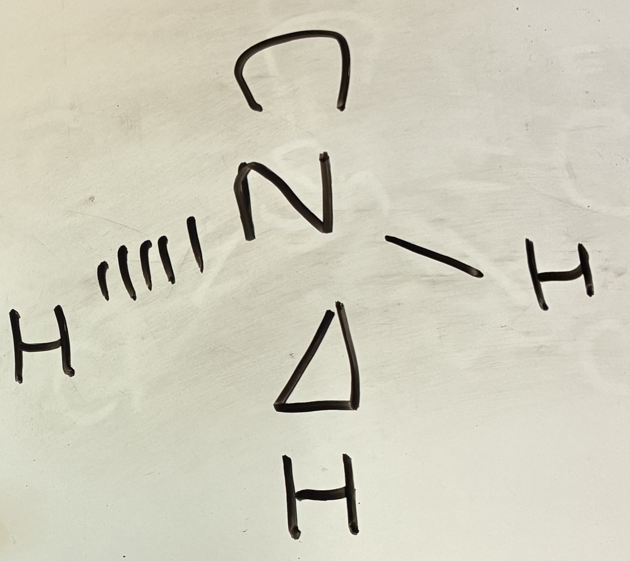 <p>Trigonal Pyramidal shape</p><p>107 degrees</p>