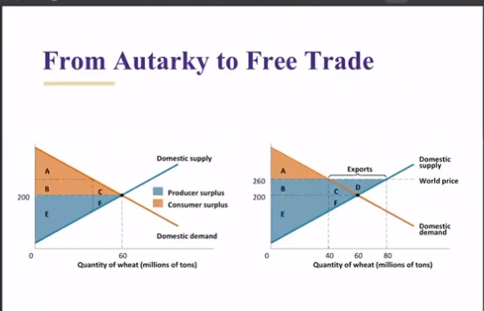 <p>domestic price increases to equal the world price, and excess supply occurs in the domestic market </p>
