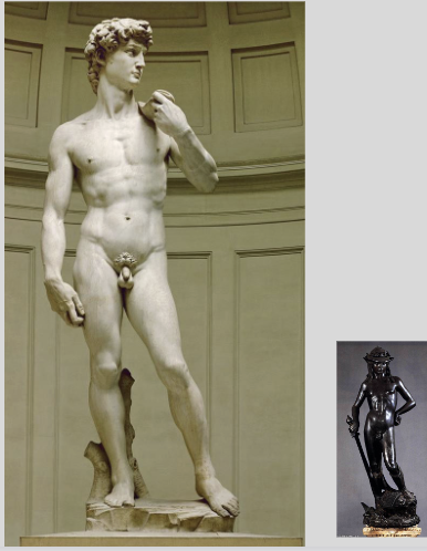 <p>Michelangelo</p><p>1501-1504</p><p>Marble</p><p>Patron: City of Florence</p><ul><li><p>reveals different emotions at different angles</p></li><li><p>exaggerated head and hands</p></li><li><p>interesting when compared to Donatello’s “David”</p></li></ul><p></p>