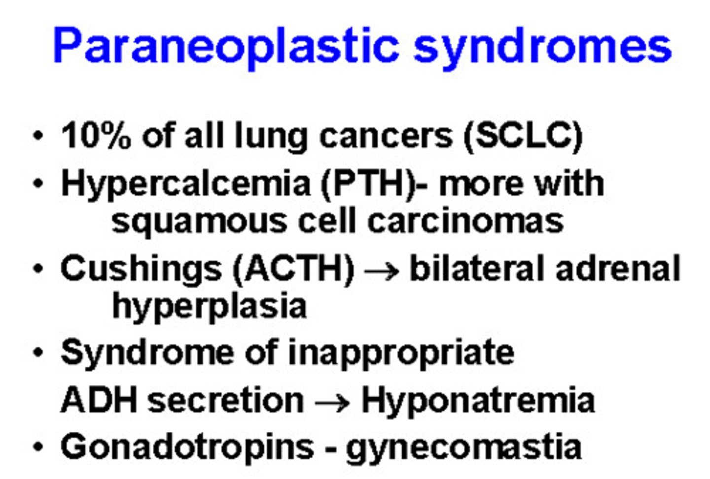 <p>medical condition caused by tumor secretions (hormones, cytokines, TNF, Interleukin-1), but not caused by the cancer itself</p><p>ex: hyponatremia, cushings syndrome, svc obstruction etc.</p>