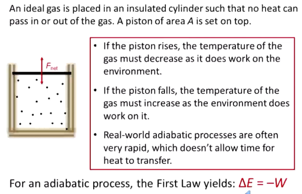 <p>No heat exchange (Q = 0)</p><p>Volume increases → temperature decreases as it does work on the environment</p><p>Often, these are things that occur too fast to allow heat transfer (ex: combustion)</p><p>Delta E = - W</p>