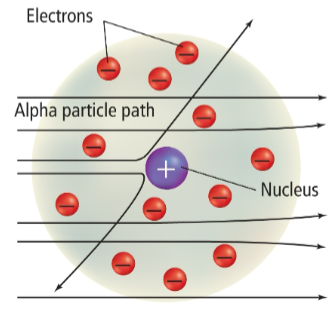 <p>studied how positively charged alpha particles interacted with solid matter using <strong>gold foil</strong></p><ul><li><p>atoms are mostly empty space</p></li><li><p>if they pass through, they go between the nucleus and electronic field</p></li><li><p>opposite charges attract</p></li></ul><p></p>