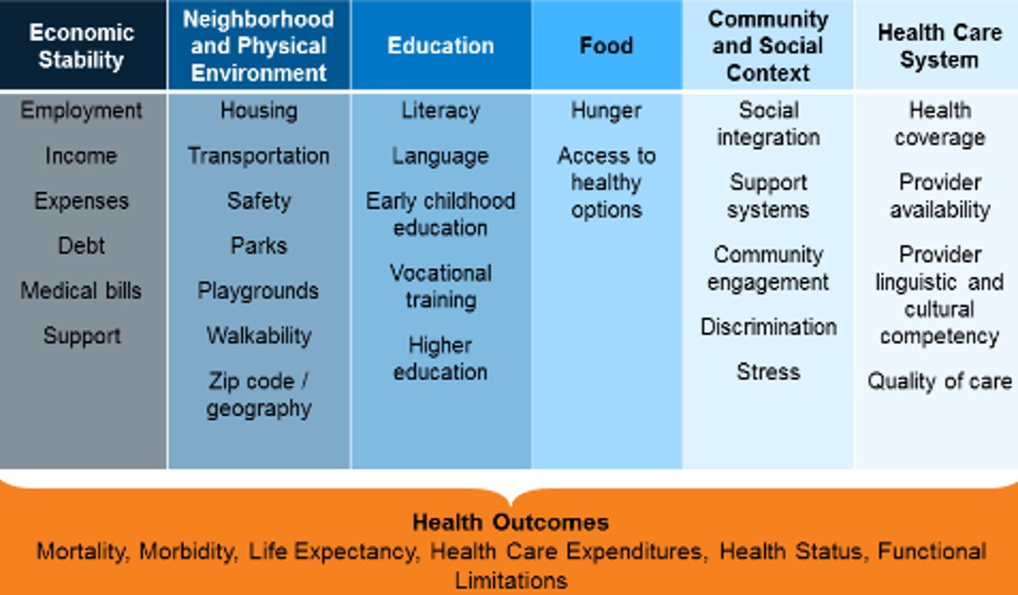 <p>1. Economic stability (e.g. socioeconomic status - housing)</p><p>2. Neighborhood and physical environment</p><p>3. Education</p><p>4. Food</p><p>5. Community and social context</p><p>6. Health care system</p>