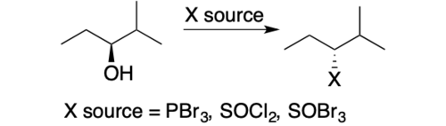 <p>Intermediate: no CC+</p><p>Regiochemistry: no rearrangment</p><p>Stereoselectivity: Inversion (SN2)</p><p>Reagent(s): PBr3/SOCl2/SOBr3</p><p>- Turns OH into X source and flips stereochemistry</p><p>- X source = PBr3, SOCl2, SOBr2 (image has typo)</p><p>*KNOW MECHANISM FOR PBr3*</p>