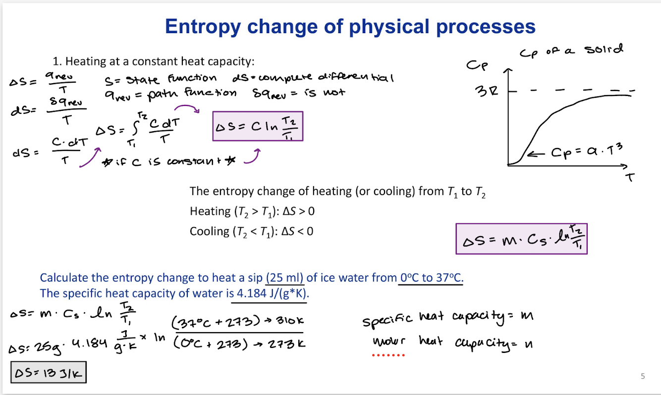 <p>The entropy change of heating (or cooling) from T<sub>1</sub> to T<sub>2</sub></p><p>Heating (T<sub>1</sub> &lt; T<sub>2</sub>): ∆S&gt;0</p><p>Cooling (T<sub>1</sub> &gt; T<sub>2</sub>): ∆S&lt;0</p><p>∆S=m Cs In(T<sub>2</sub>/T<sub>1</sub>)</p><p>∆S=n Cm In(T<sub>2</sub>/T<sub>1</sub>)</p><p>∆S=C In(T<sub>2</sub>/T<sub>1</sub>) Constant heat capacity </p>