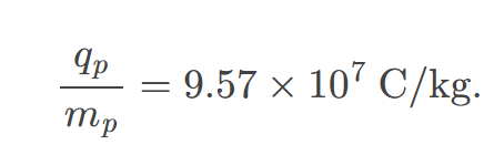 <p>approximately 9.58 x 10^7 coulombs per kg. </p>