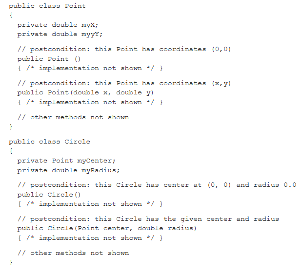 <p><strong>The question refer to the following declarations.</strong><br><strong>…</strong><br><span><span>Which of the following would be the best specification for a Circle method isInside that determines whether a Point lies inside this Circle?</span></span></p>