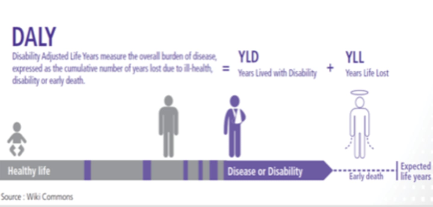 <p>quantitative measurement of disease burden in terms of lost years due to disease, disability due to disease, and premature death.</p>