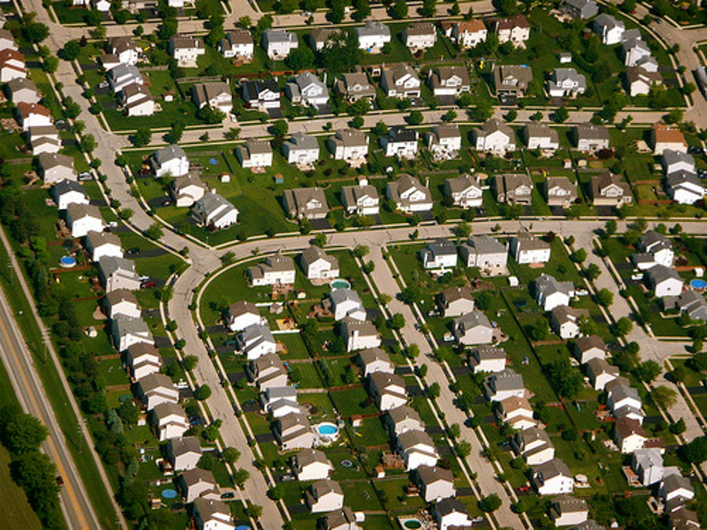 <p>Residential areas surrounding a city. Shops and businesses moved to suburbia as well as people.</p>