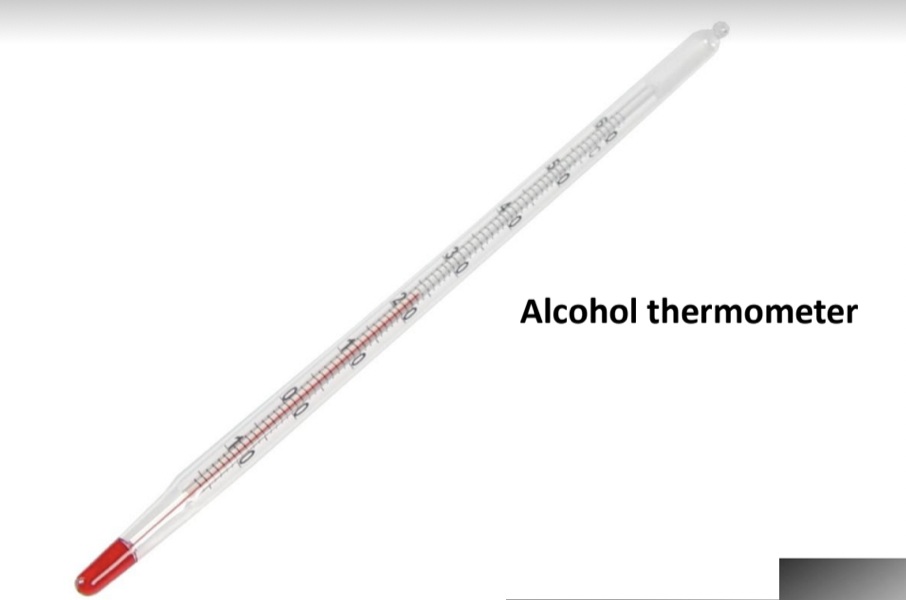 <p>Thermometer consisting of a glass capillary tube marked with degrees Celsius or Fahrenheit and containing alcohol which rises or falls as it expands or contracts with changes in temperature</p>