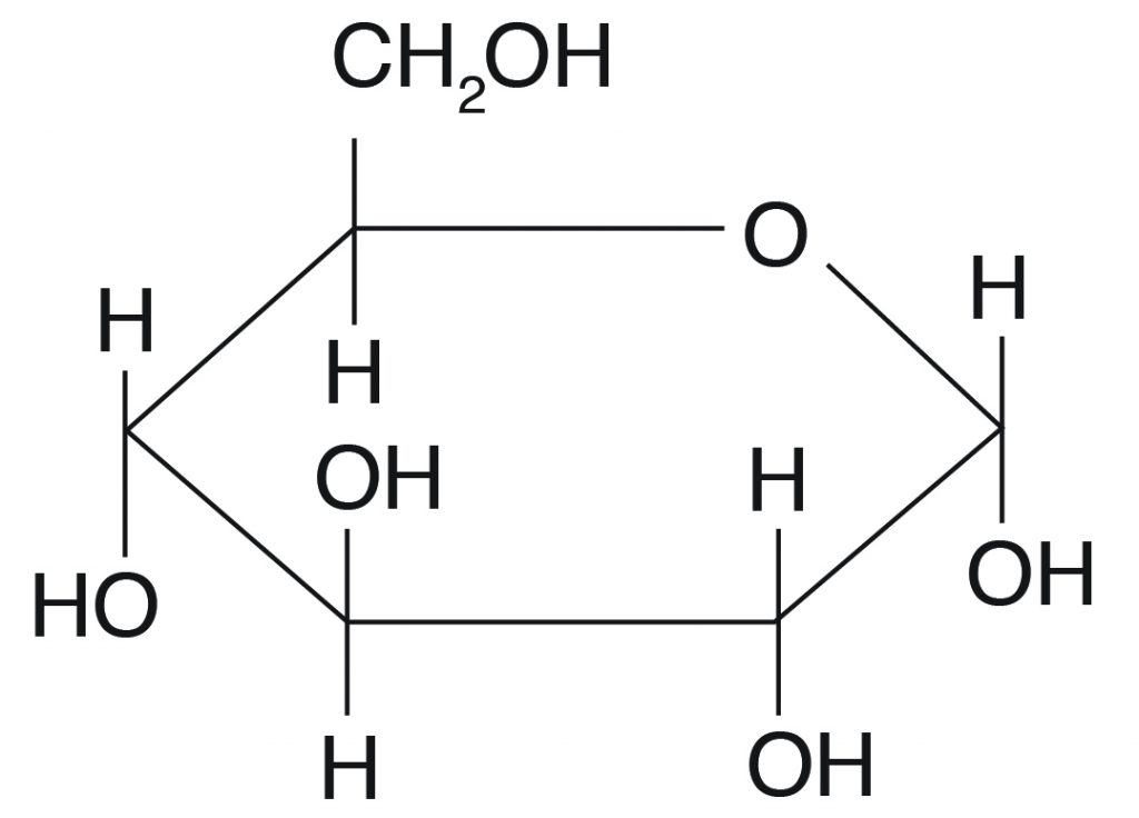 <ul><li><p>every carbon atom has H-C-OH, except one carbon atom that has a carbonyl group (C=O)</p></li><li><p>Some sugars have an aldehyde group = aldose sugars (glucose), other sugars have keto group = ketose sugars (fructose)</p></li></ul>