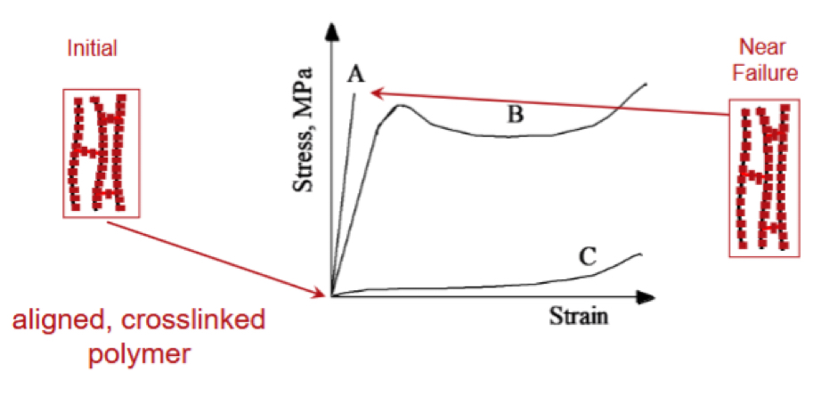 <p>Give some info on the different polymers shown on this stress-strain curve</p>