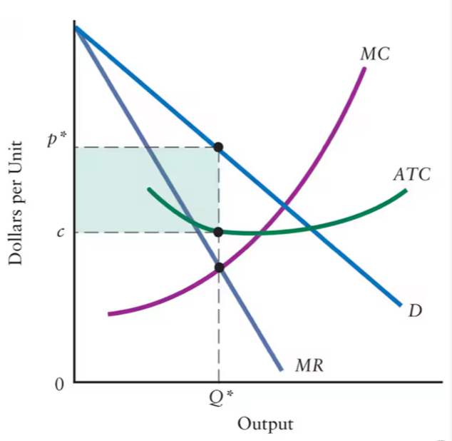 <ul><li><p><span>For a profit-maximizing monopolist, price exceeds marginal cost.</span></p></li><li><p><span>As in perfect competition, nothing guarantees that a monopolist will make positive profits in the short run, but if it suffers persistent losses, it will eventually go out of business.</span></p></li></ul><p></p><ul><li><p><span><span>Demand curve is consumers' max. willingness to pay for a given quantity.</span></span></p></li><li><p><span><span>Monopoly price is p*. This means average revenue per unit is AR = p*.</span></span></p></li></ul><ul><li><p><span><span>The average total cost is ATC = c.</span></span></p></li><li><p><span><span>In equilibrium, the monopolist earns a positive profit. </span></span></p></li></ul><p></p>