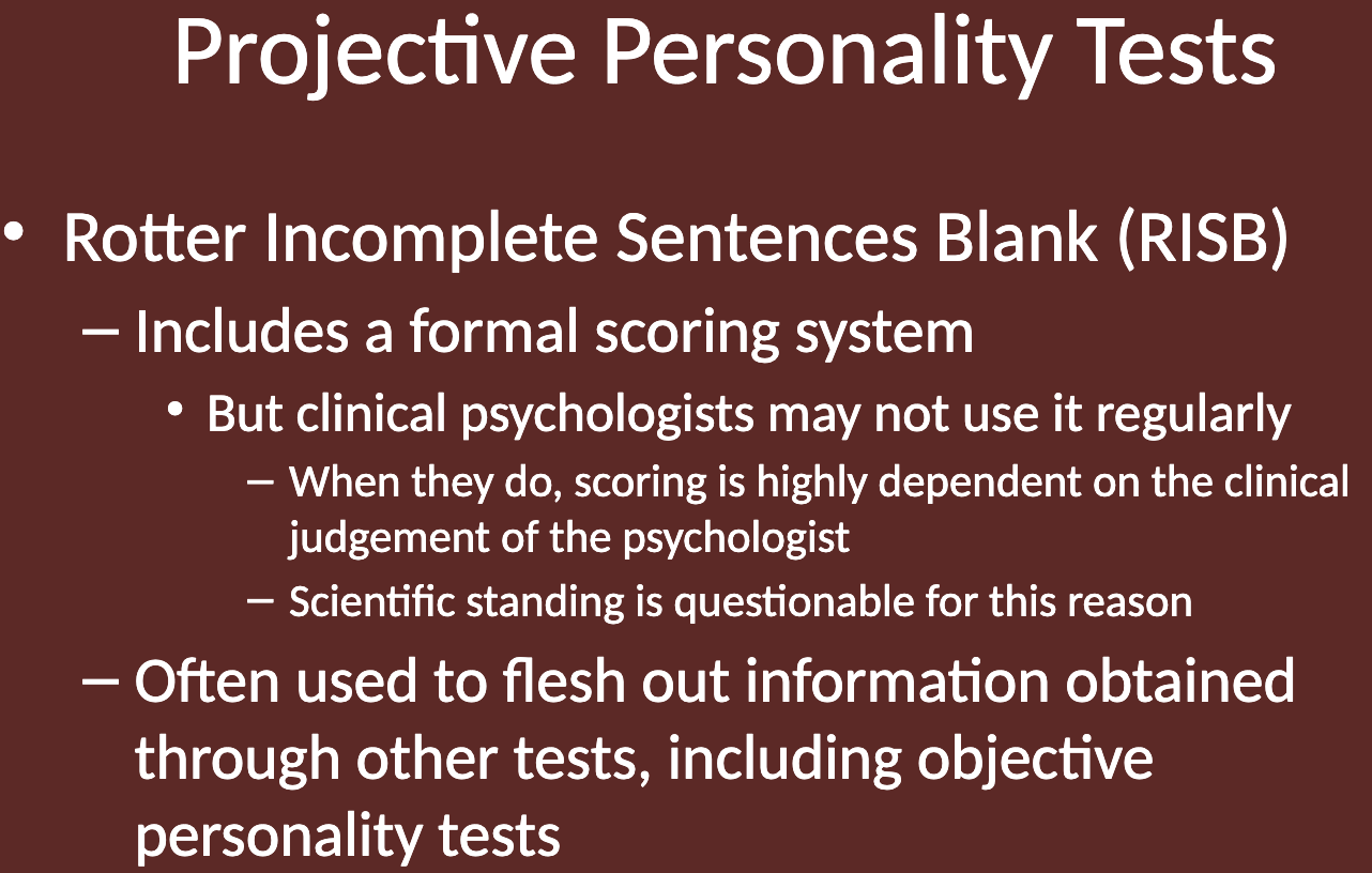 <p>The RISB includes a formal scoring system, but clinical psychologists may not use it regularly. When they do, scoring is often dependent on the clinical judgment of the psychologist. This subjective approach raises questions about the scientific standing of the test. </p><p>The RISB is often used to supplement information obtained through other tests, including objective personality tests.</p>