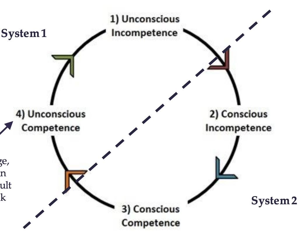 <p>Unconscious incompetence, conscious incompetence, conscious competence, and unconscious competence.</p>