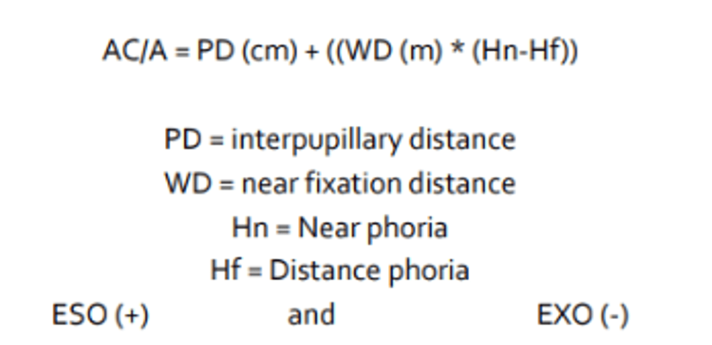 <p>method of finding AC/A ratio by measuring the change in vergence related to the change in accommodation when fixation is altered from one distance to another</p>