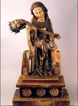 <p>-Late Medieval Europe -c. 1300-1325 -Painted wood -Mary holding jesus after being taken off the cross -meant to remind you that your life isn&apos;t as bad as jesus&apos;</p>