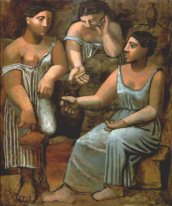 <ul><li><p>Return to Order - more naturalistic and rendered than previous works; after war, less interest in fragmented figures</p></li><li><p>stable, solid, heavy figures</p></li><li><p>Neoclassism inspo - togas (resemble columns)</p></li><li><p>post war - eventually returns to cubism</p></li></ul><p></p>