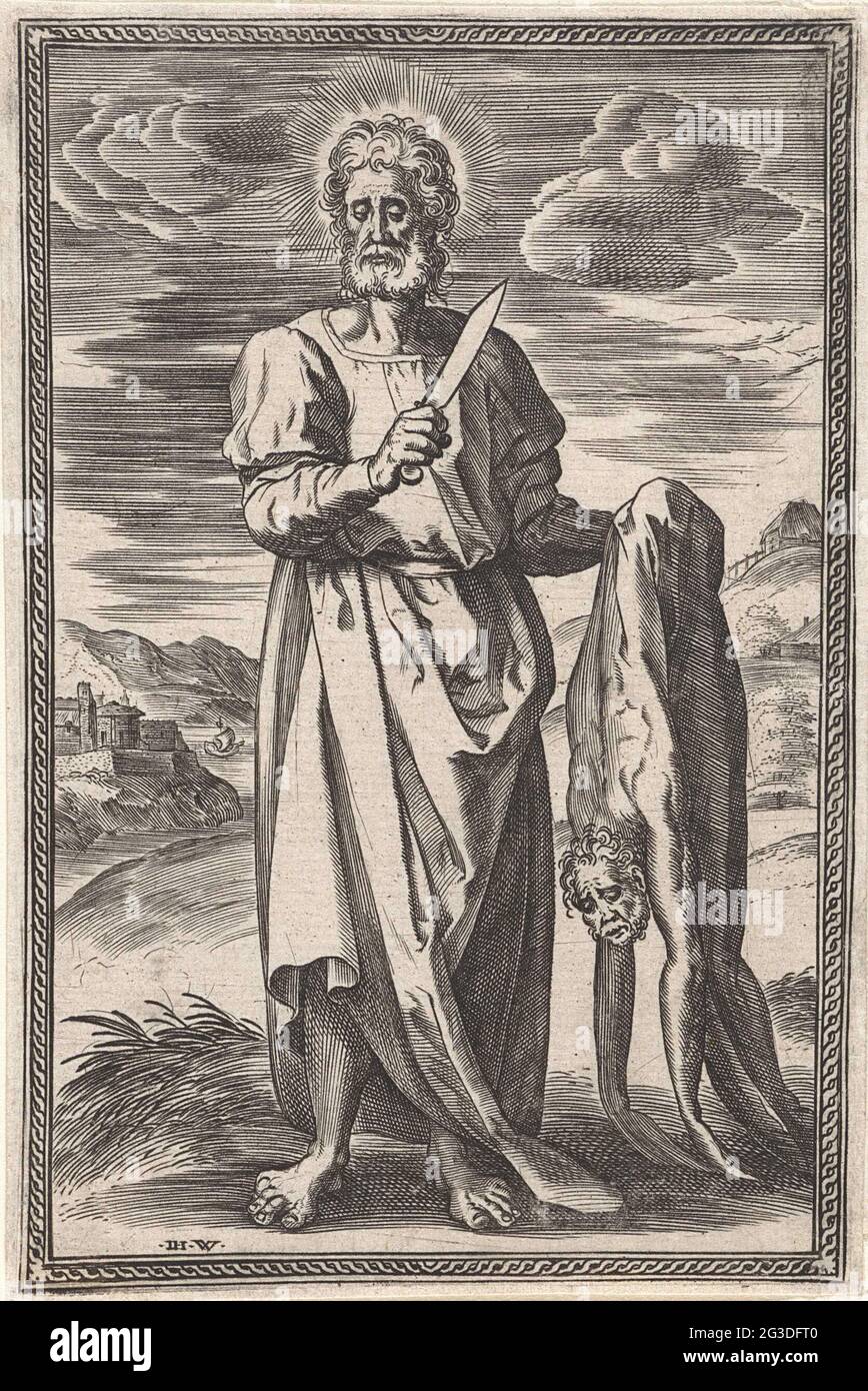 <p>Afgebeeld als apostel, vaak met een korte baard en donker, krullend haar. Hij heeft een mes en draagt soms zijn eigen huis over zijn arm. </p>