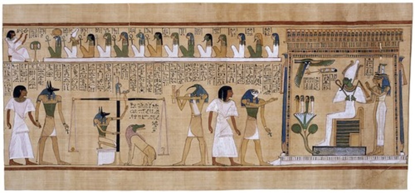 <p>Form:</p><p>-painted papyrus scroll</p><p>-continuous narrative</p><p>Content:</p><p>-Hu-Nefer being lead to final judgement</p><p>-heart weighed on scale against Osiris (test to see if has a heavy heart)</p><p>-sin must weigh less than feather</p><p>-Hu-Nefer is accepted into afterlife</p><p>Function:</p><p>-guide people to the afterlife and make journey from life to death</p><p>Context:</p><p>-New Kingdom 1275 BCE</p><p>-found in Hu-Nefer's tomb</p><p>-from the Book of the Dead</p>