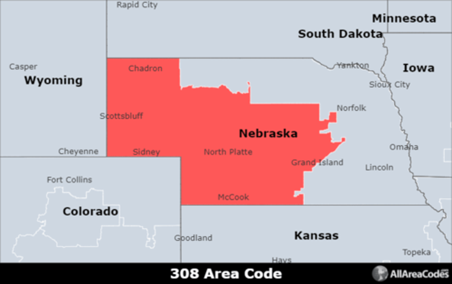 <p>Area code 308 is located in western Nebraska and covers Grand Island, Kearney, and North Platte. It is the only area code that serves the area.</p>