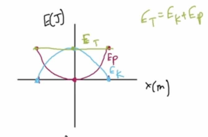 <p>Kinetic is maximum at x=0, potential is maximum at edges (max displacement), total is straight line at top (Ek+Ep), smooth curve connecting</p>