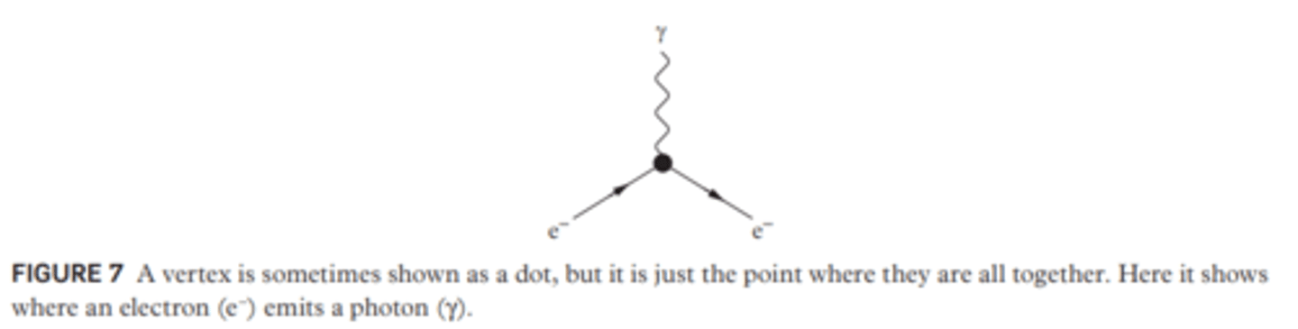 <p>The point where particles interact. At the vertex they will emit or absorb new particles, deflecting one another or changing type. Vertices are represented by a dot, or the point where the three lines meet.</p>