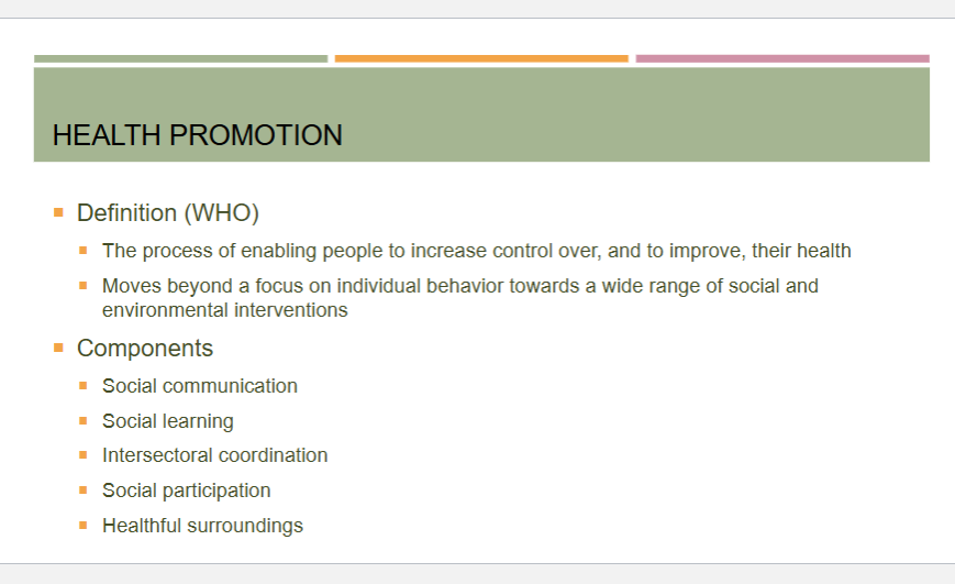 <ul><li><p>the process of enabling people to increase control over, and to improve, their health</p></li><li><p>moves beyond a focus on individual behavior towards a wide range of social and environmental interventions</p></li></ul><p></p>